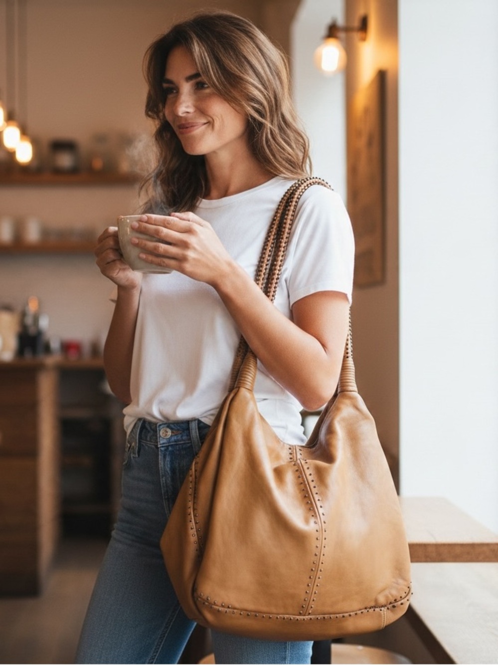 Anthropologie  DanAzan Caramel Studded Leather Shoulder Hobo Bag